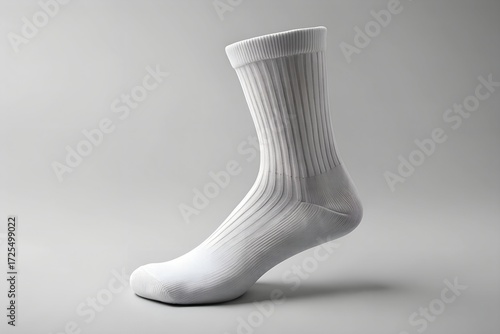 Mockup image white athletic sock isolated on white background, showcasing its texture and design, perfect for sports or casual wear