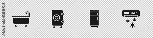 Set Bathtub, Safe, Refrigerator and Air conditioner icon. Vector