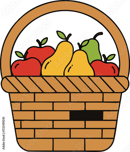Apples and pears inside a wicker basket. Fruit harvest illustration.