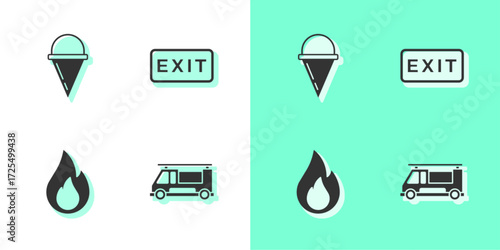 Set Fire truck, cone bucket, flame and exit icon. Vector