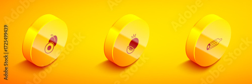 Set Isometric Plum fruit, Tomato and Fresh cucumber icon. Vector