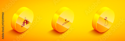 Set Isometric Church building, Holy bible book and Flower vase icon. Vector