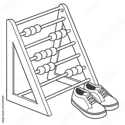Minimalist illustration showing a wooden abacus with beads and a pair of sneakers on the floor in outline style vector