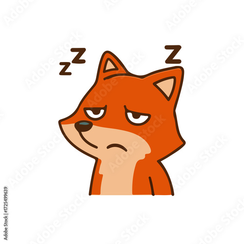Cute fox cartoon sleepy expression. Adorable red fox animal tired face. Funny fox mascot bored illustration.