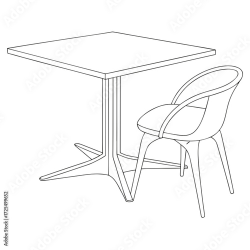 Minimalist illustration of a square table with a pedestal base and a modern chair in a minimalist style drawing vector