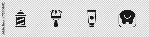 Set Barber shop pole, Shaving brush, Cream cosmetic tube and Mustache and beard icon. Vector