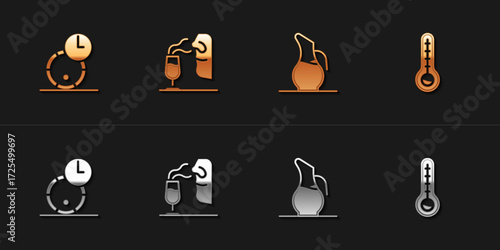 Set Wooden barrel for wine, Sommelier, Decanter and Meteorology thermometer icon. Vector