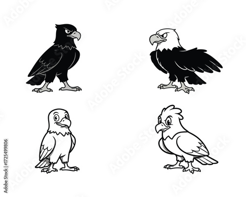 Four stylized cartoon raptor birds including a black bird and three different eagle illustrations in a simple graphic design