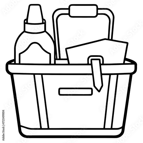 Minimalist outline illustration of a cleaning supply basket with a bottle and cleaning cloths inside the basket vector