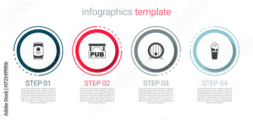 Set Beer can, Street signboard with Pub, Wooden barrel and Glass of beer. Business infographic template. Vector