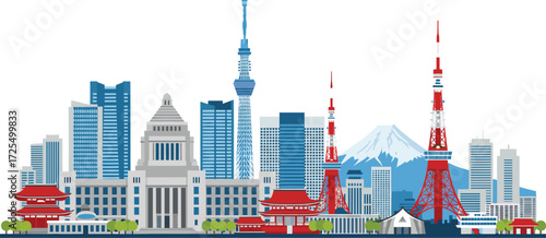 Tokyo skyline illustration, Skytree, Tokyo Tower, National Diet Building, Mount Fuji, traditional temples, urban design, stylized cityscape, Japan architecture, landmark
