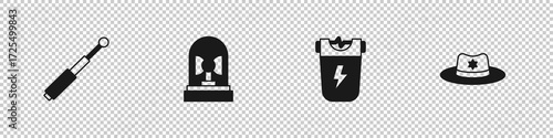 Set Telescopic baton, Flasher siren, Police electric shocker and Sheriff hat with badge icon. Vector