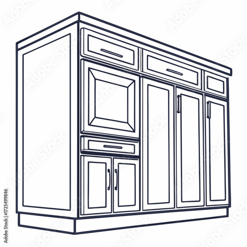 Minimalist outlined kitchen cabinetry featuring drawers doors and a decorative panel on a white background view from below vector