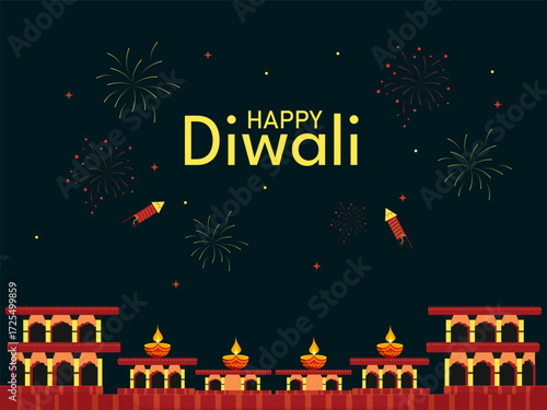 Happy Diwali Indian festival of lights. Vector illustration of cityscape or landscape background with firecrackers in the background for celebration.
