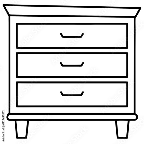 Minimalist illustration of a chest of drawers with three drawers and small legs in a simple outline style design vector