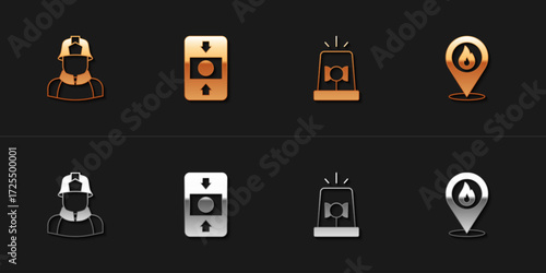 Set Firefighter, alarm system, Flasher siren and Location with fire flame icon. Vector
