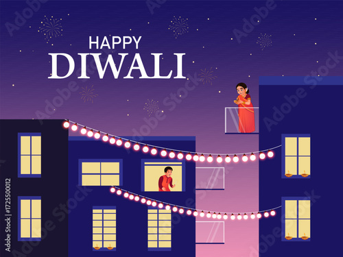 Happy Diwali Indian festival of lights. Vector illustration of cityscape or landscape background with family celebrating festival.