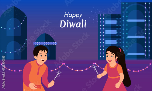 Happy Diwali Indian festival of lights. Vector illustration of cityscape or landscape background with kids celebrating festival with fire crackers.