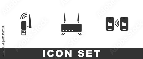 Set Usb wireless adapter, Router and wi-fi signal and Data transfer storage icon. Vector
