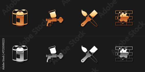 Set Paint spray can, gun, brush and Painting the house icon. Vector