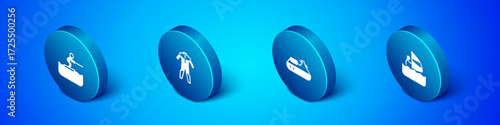 Set Isometric Water skiing man, Jet, Windsurfing and Wetsuit for scuba diving icon. Vector