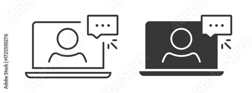 Video call chat icon line stroke outline art vector graphic illustration set, virtual webinar seminar on laptop computer pc screen sign symbol simple pictogram image, web online speaker talk
