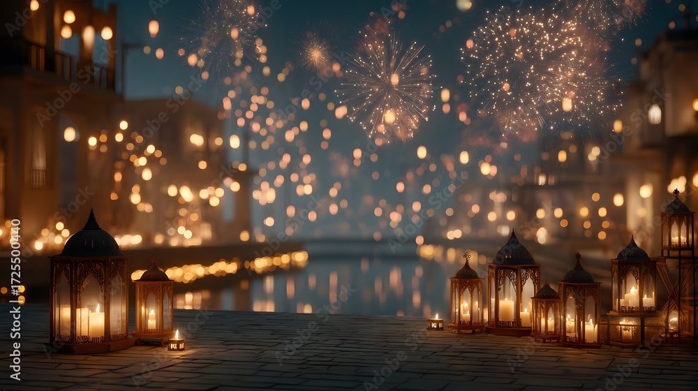 Fototapeta premium Captivating Nightscape with Lanterns and Colorful Fireworks Display