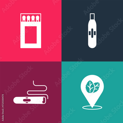 Set pop art Tobacco leaf, Cigar, Electronic cigarette and Matchbox and matches icon. Vector