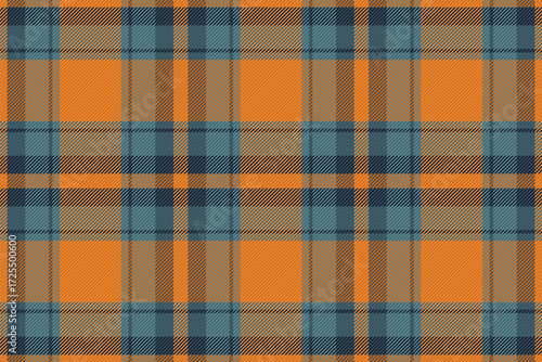 Figure texture pattern background, dye textile tartan seamless. T-shirt check plaid vector fabric in cyan and orange colors.