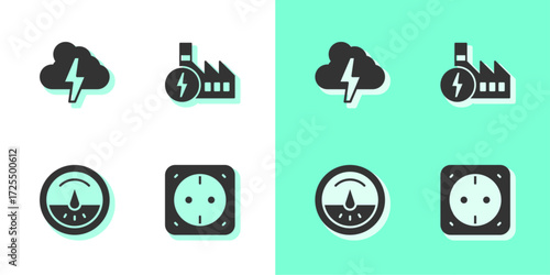 Set Electrical outlet, Cloud and lightning, meter and Nuclear power plant icon. Vector