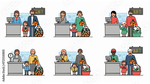 Diverse shoppers purchasing pumpkins and produce at a market checkout, illustrating seasonal shopping habits and community commerce