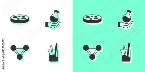 Set Laboratory glassware, Petri dish with bacteria, Molecule and Test tube icon. Vector