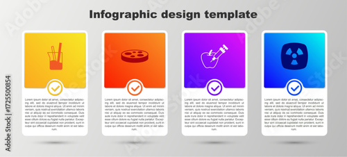 Set Laboratory glassware, Petri dish with bacteria, Genetically modified apple and Radioactive. Business infographic template. Vector