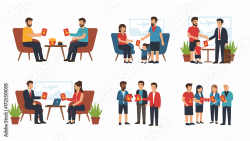 A collection of vector illustrations showing diverse people giving and receiving red envelopes, symbolizing luck and prosperity during cultural celebrations