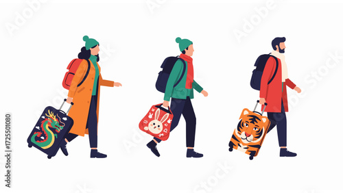 People dressed for winter traveling with luggage featuring festive Asian-inspired designs