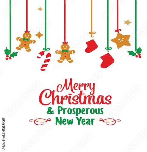 Merry christmas and prosperous new year greeting with hanging ornaments