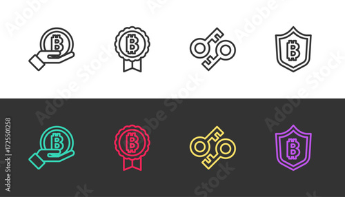 Set line Hand holding Bitcoin, , Cryptocurrency key and Shield with bitcoin on black and white. Vector