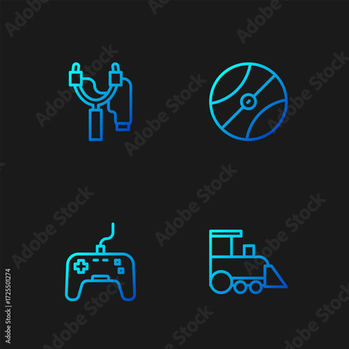 Set line Toy train, Gamepad, Slingshot and Basketball ball. Gradient color icons. Vector