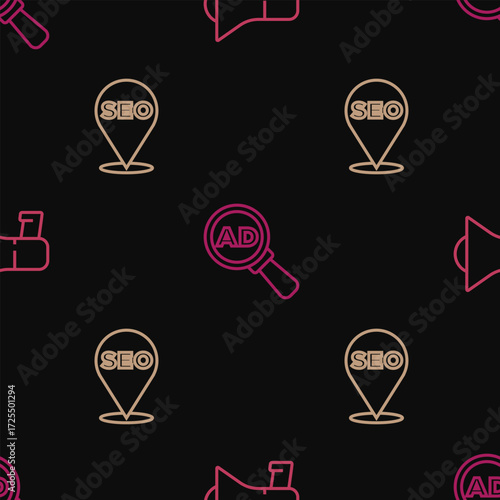 Set line Megaphone, SEO optimization and Advertising on seamless pattern. Vector
