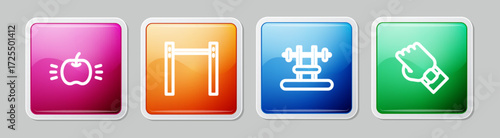 Set line Apple, Horizontal bar, Bench with barbel and Smart watch hand. Colorful square button. Vector