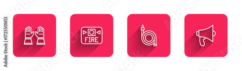 Set line Firefighter gloves, alarm system, hose reel and Megaphone with long shadow. Red square button. Vector