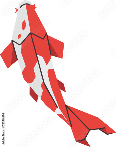Geometric red and white koi fish floating on white background