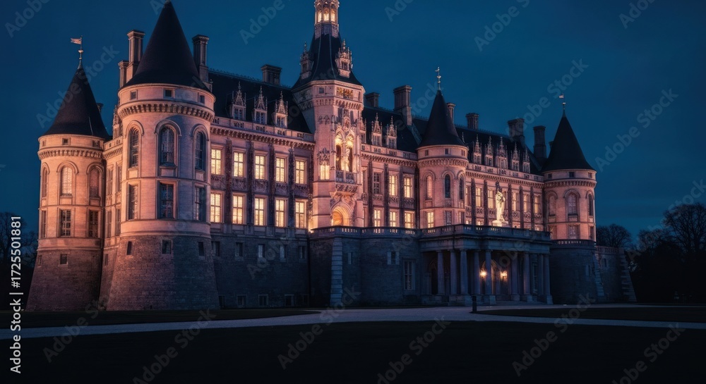 Fototapeta premium A grand stone castle at night, illuminated warmly by interior lights. Towering structures, crenellations, and tall windows are visible against the dark blue twilight sky
