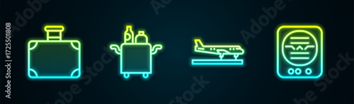 Set line Suitcase, Trolley for food, Plane and Attitude indicator. Glowing neon icon. Vector