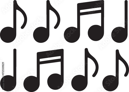 Collection of black musical notes on white background symbols eighth notes
