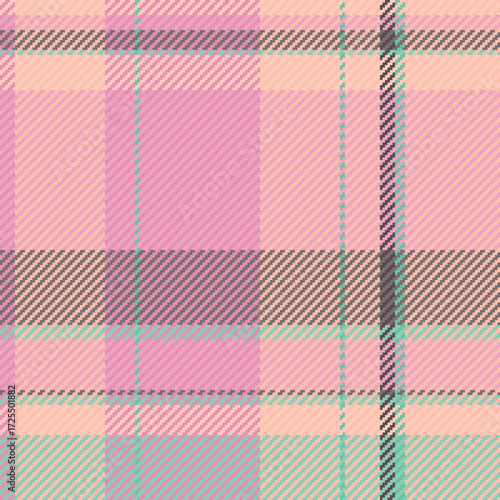 Pastel plaid pattern. Tartan textile design with pink, peach, grey, and mint colors. Ideal for backgrounds, fabrics, or abstract design projects needing a soft, textured feel.