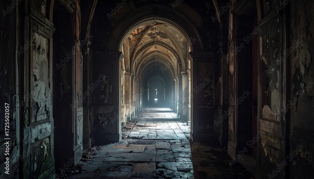 Obraz premium An aged, dimly lit corridor of a building, the arching ceiling and walls showing decay and damage, bathed in light