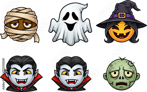 Scary and Funny Halloween Emoji Characters Vector Set in Mascot Costumes