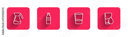 Set line Jug glass with water, Bottle of, Glass and with long shadow. Red square button. Vector