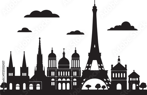 Black vector silhouette of Budapest's famous skyline with city monuments, buildings, and a castle set